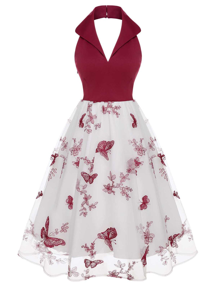 Wine Red 1950s Butterfly Lapel Mesh Dress — vintage elegance for the modern woman