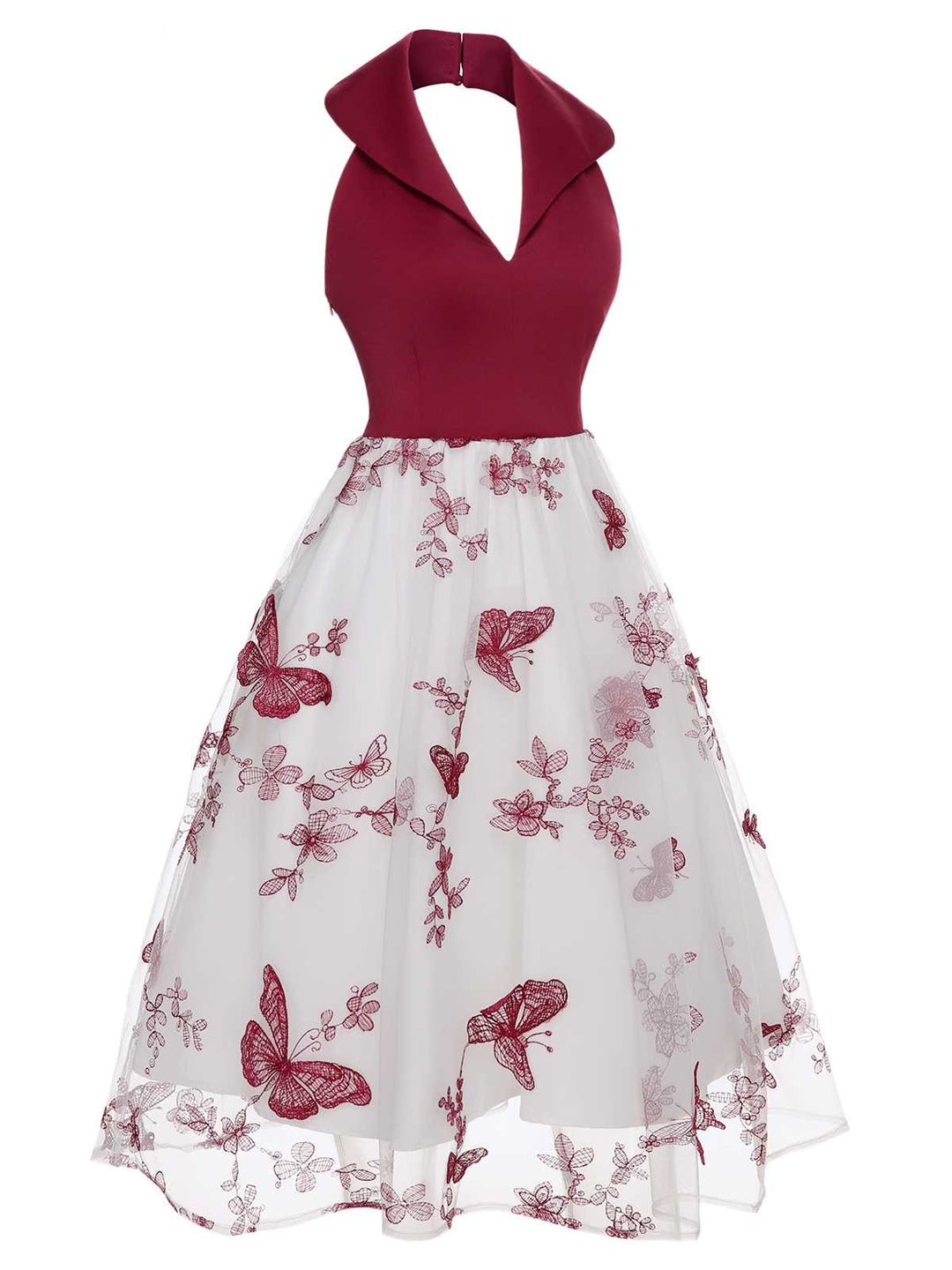 Wine Red 1950s Butterfly Lapel Mesh Dress: timeless style reimagined