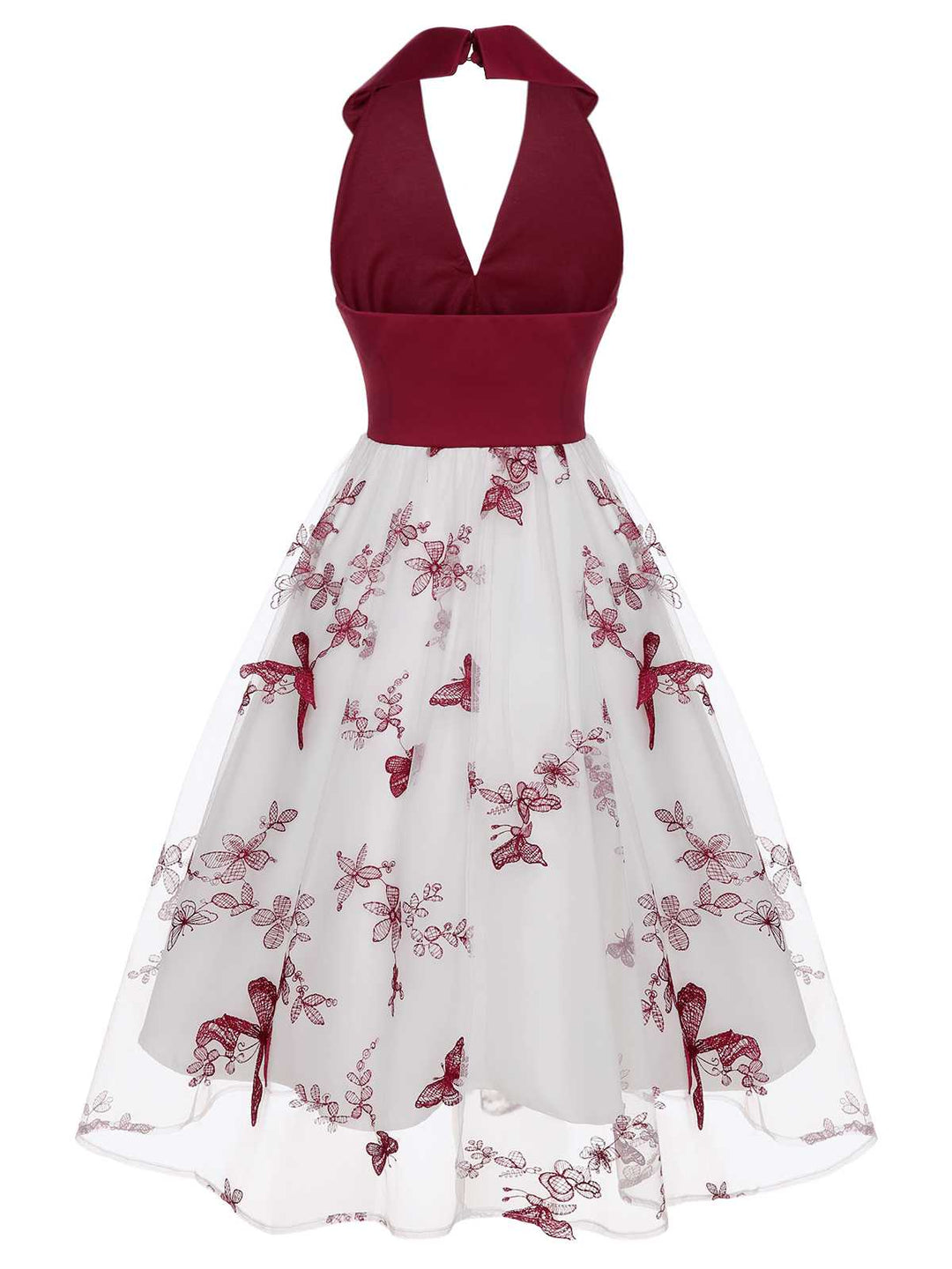 Wine Red 1950s Butterfly Lapel Mesh Dress — vintage elegance for the modern woman