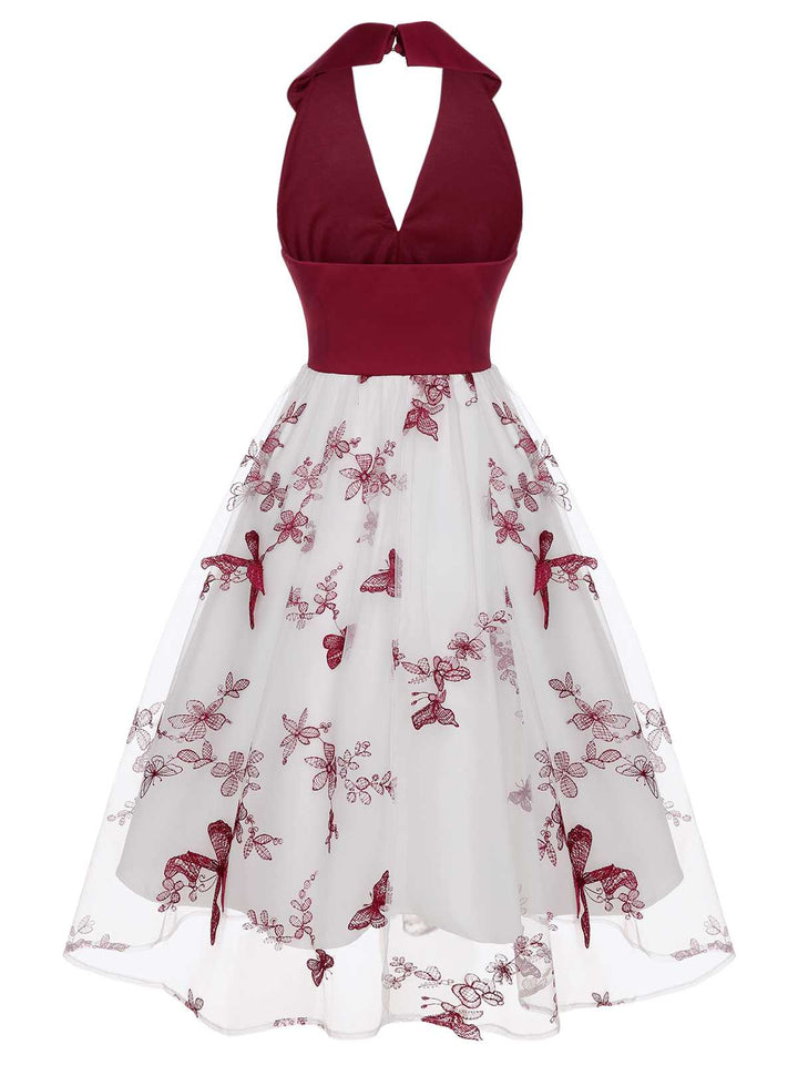 Wine Red 1950s Butterfly Lapel Mesh Dress — vintage elegance for the modern woman