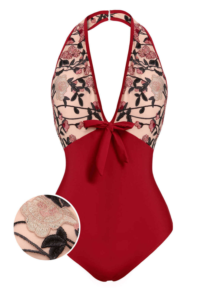 Wine Red Floral Backless Swimsuit: timeless style reimagined