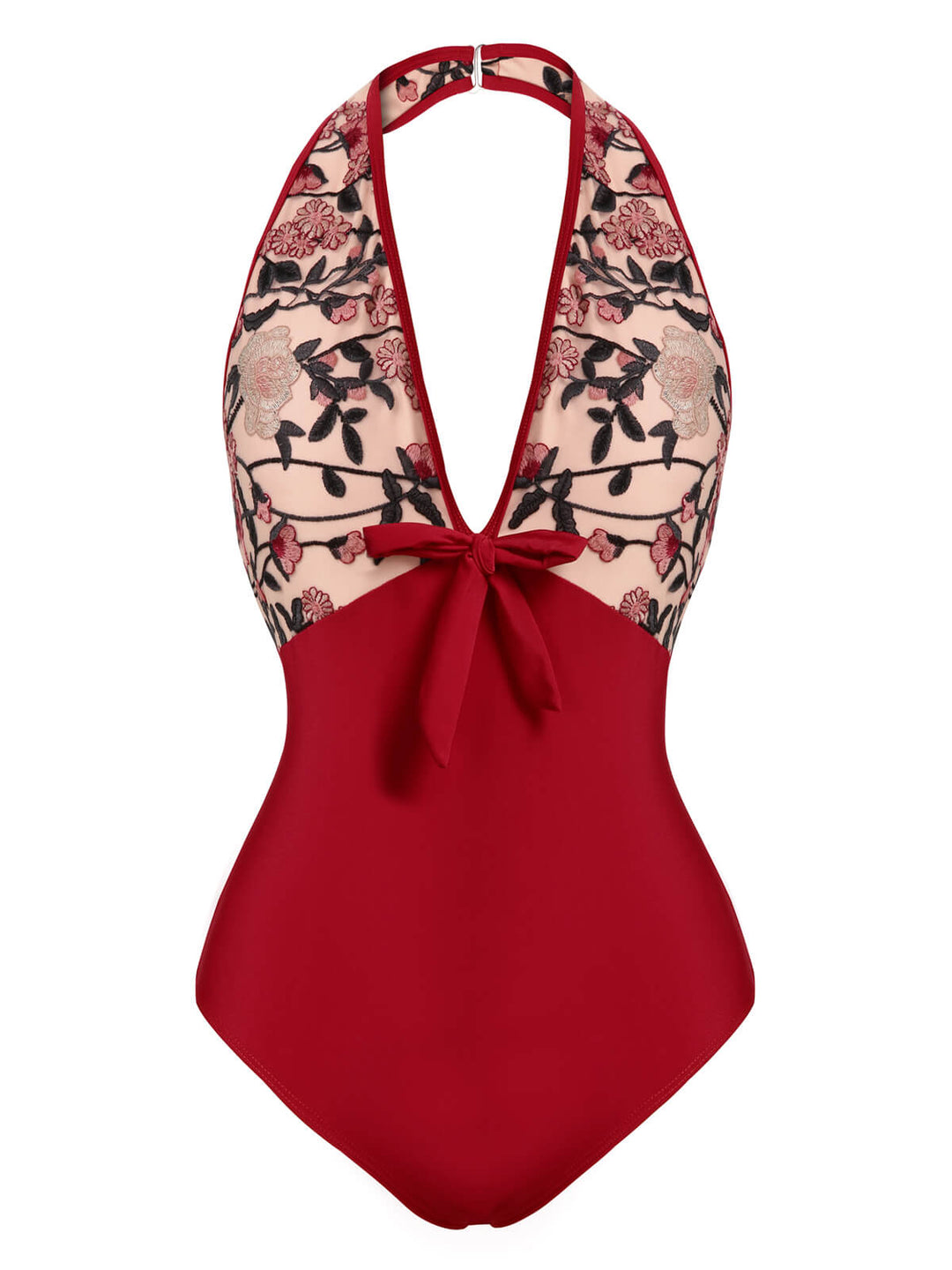Wine Red Floral Backless Swimsuit — vintage elegance for the modern woman