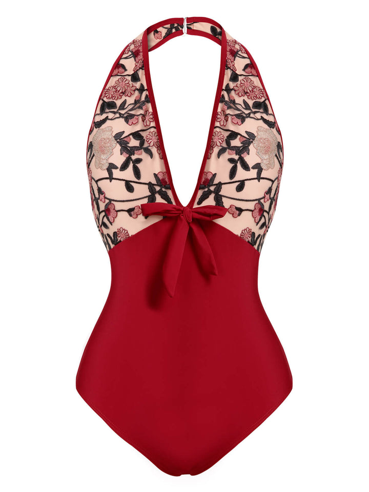 Wine Red Floral Backless Swimsuit — vintage elegance for the modern woman