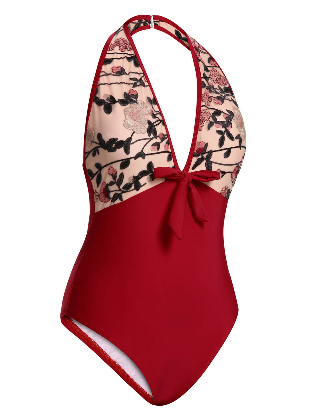 Wine Red Floral Backless Swimsuit: timeless style reimagined