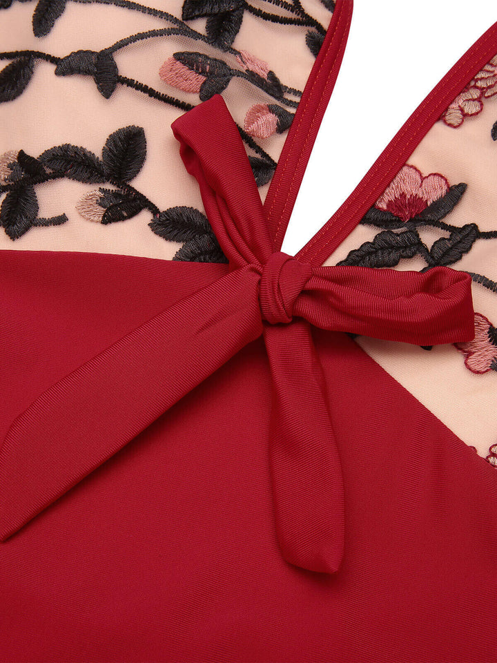 Wine Red Floral Backless Swimsuit: timeless style reimagined