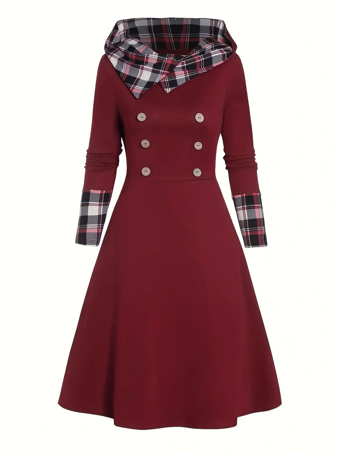 She slips into this Wine Red 1950s Plaid Patchwork Hooded Dress and suddenly it&