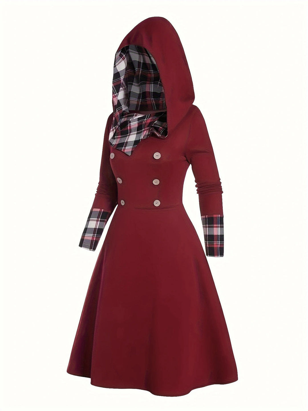 Wine Red 1950s Plaid Patchwork Hooded Dress: where 1950s romance meets her modern spirit
