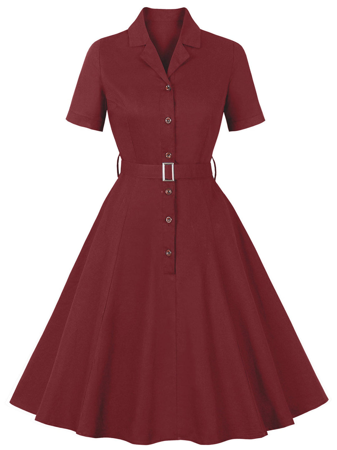 She slips into this Wine Red 1950s Solid Lapel Belted Dress and suddenly it&
