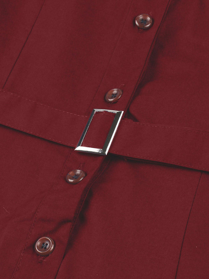 This Wine Red 1950s Solid Lapel Belted Dress wraps her in 1950s elegance, one twirl at a time