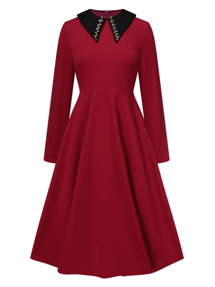 Wine Red 1950s Solid Rhinestone Lapel Dress, vintage dress, retro fashion, rockabilly, pin-up fashion - perfect for women who love vintage and retro fashion