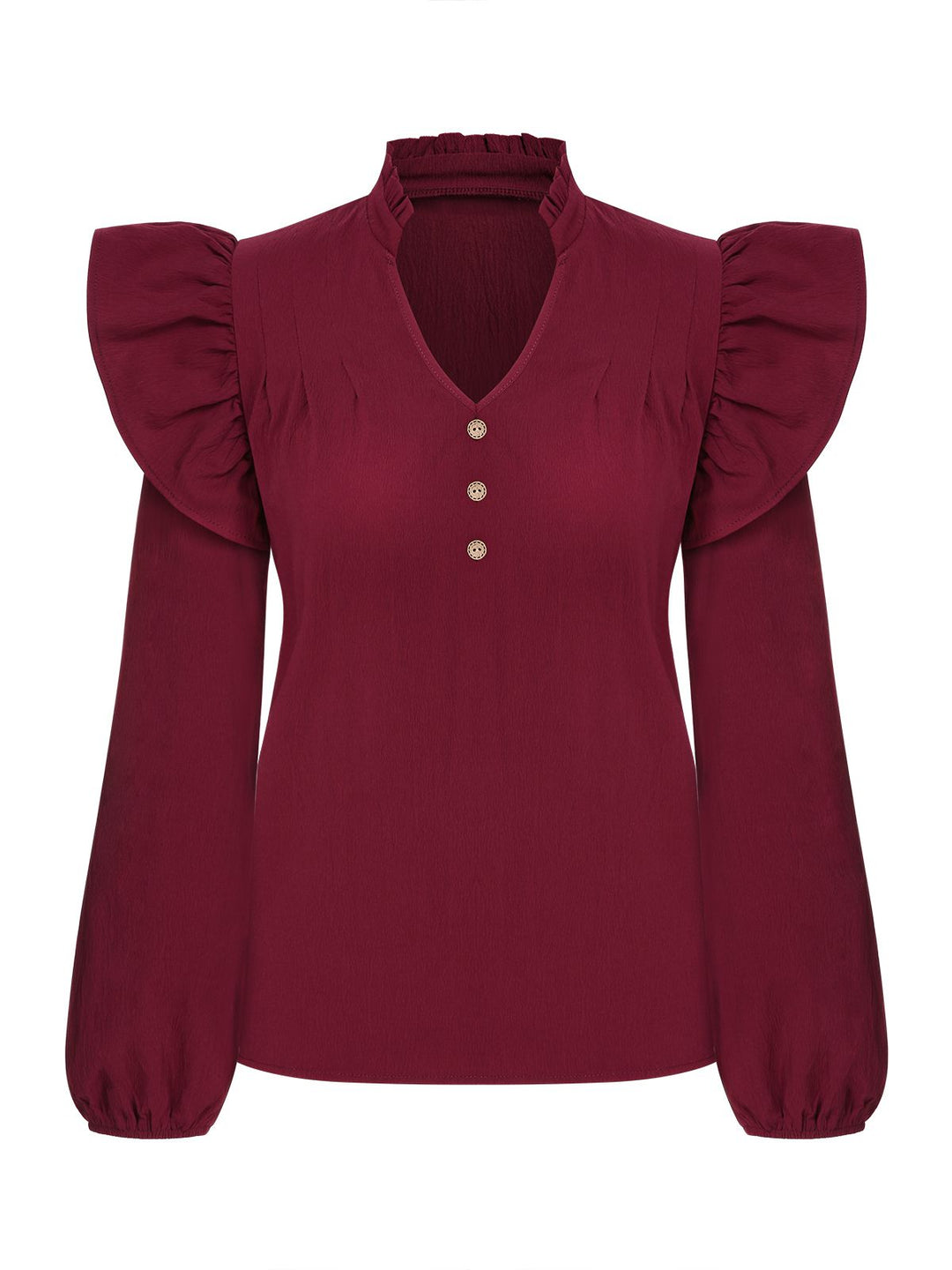 Wine Red 1950s Solid V-neck Ruffle Blouse, vintage top, retro blouse - perfect for women who love vintage and retro fashion