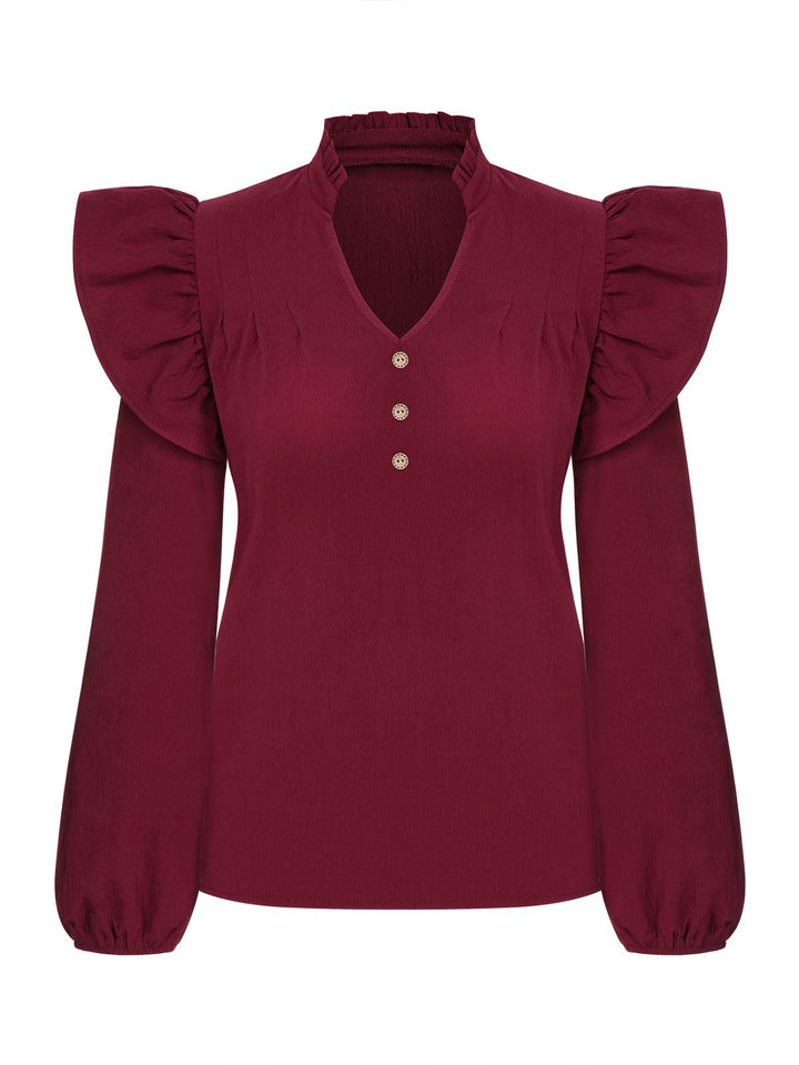 Wine Red 1950s Solid V-neck Ruffle Blouse, vintage top, retro blouse - perfect for women who love vintage and retro fashion