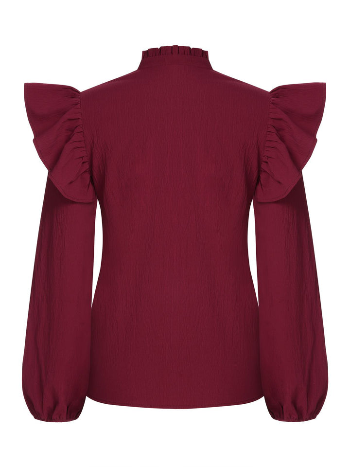 Wine Red 1950s Solid V-neck Ruffle Blouse, vintage top, retro blouse - perfect for women who love vintage and retro fashion