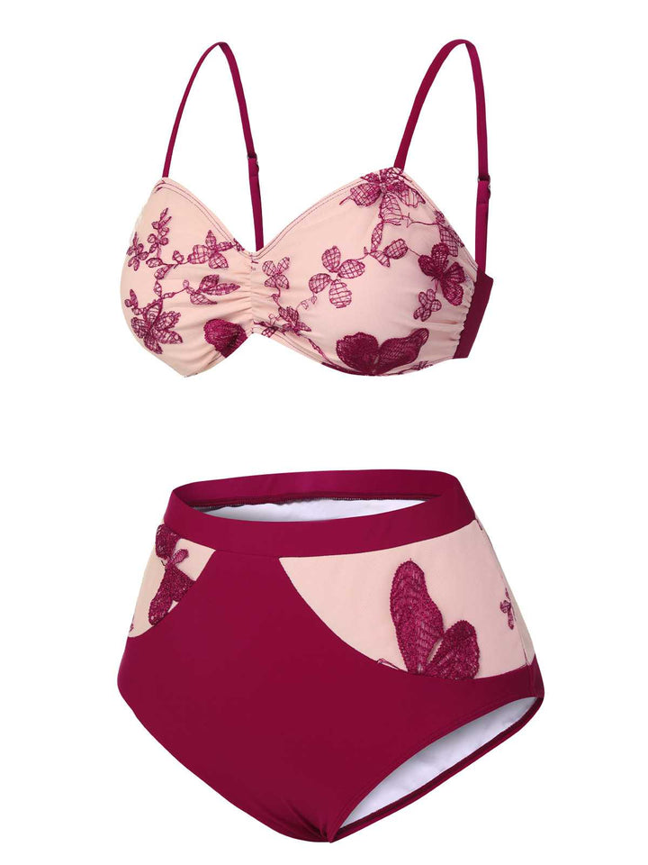 This Wine Red 1950s Spaghetti Strap Butterflies Swimsuit carries 1950s vacation dreams in every stitch