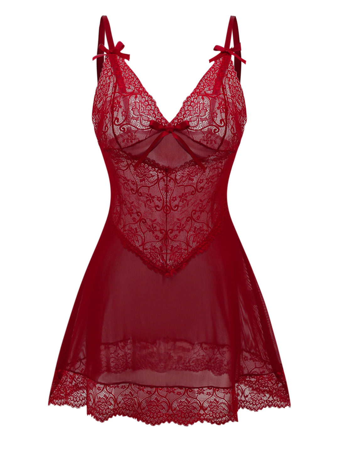 Wine Red Strap Lace Bow Nightgown - vintage nightgown, retro sleepwear, elegant red