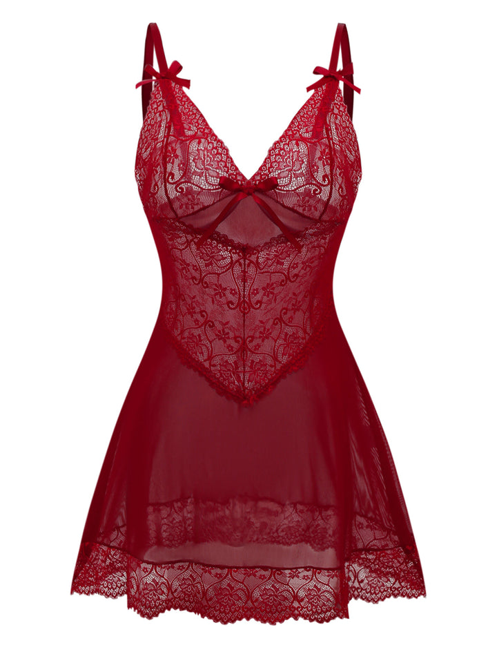 Wine Red Strap Lace Bow Nightgown - vintage nightgown, retro sleepwear, elegant red
