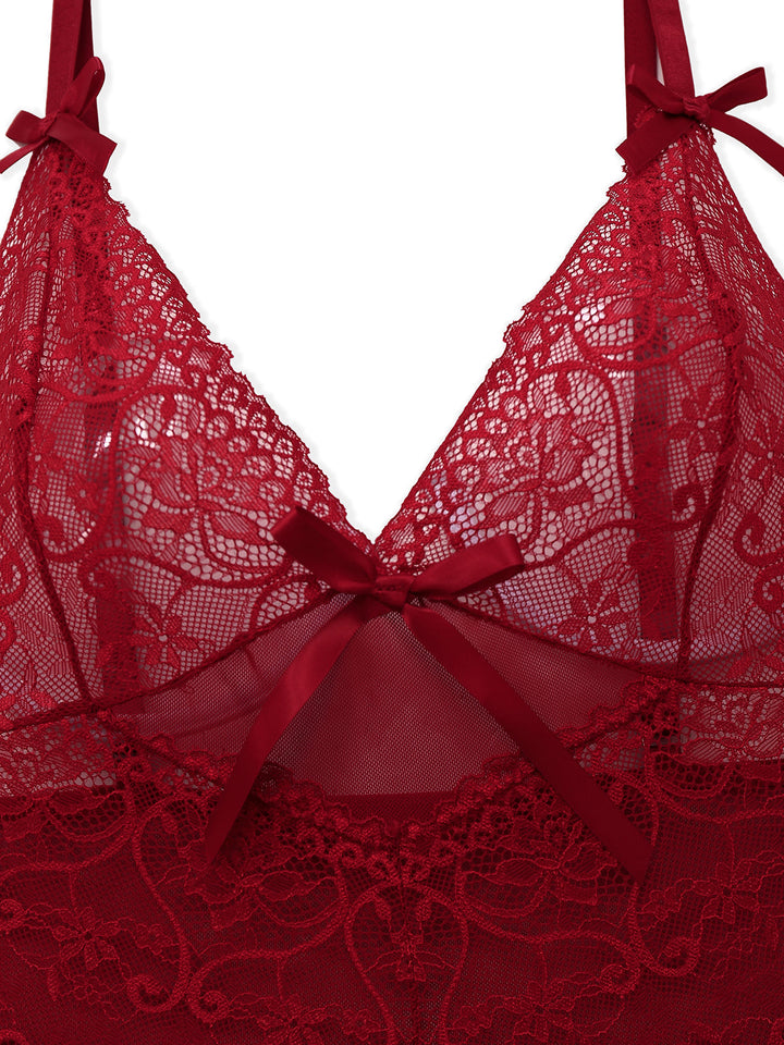 Wine Red Strap Lace Bow Nightgown - vintage nightgown, retro sleepwear, elegant red