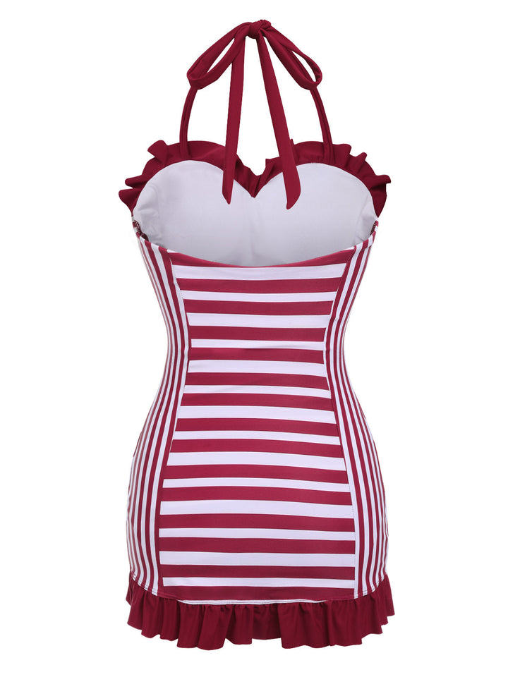 Wine Red 1950s Stripe Heart Collar Swimsuit — vintage elegance for the modern woman
