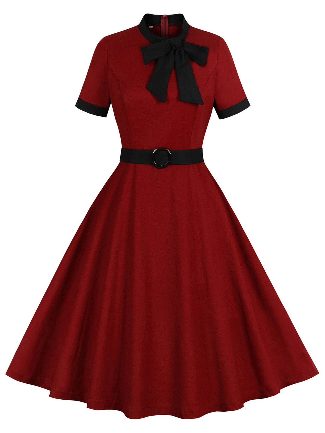 She slips into this Wine Red 1950s Tie Neck Contrast Patchwork Dress and suddenly it&
