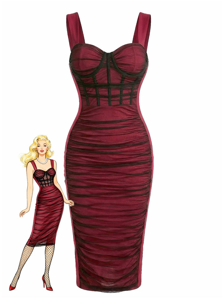 Wine Red 1960s Color Block Bodycon Ruched Mesh Dress - vintage dress, retro fashion, elegant style for vintage lovers
