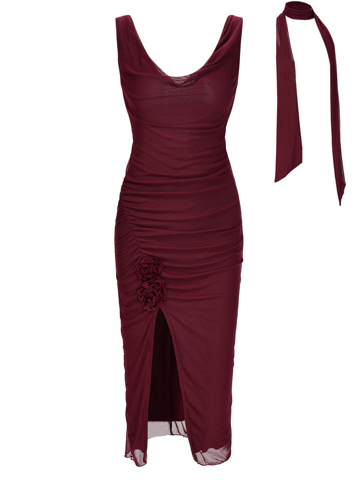 Wine Red 1960s Scarf Slit Backless Dress, vintage dress, retro fashion - perfect for women who love vintage and retro fashion