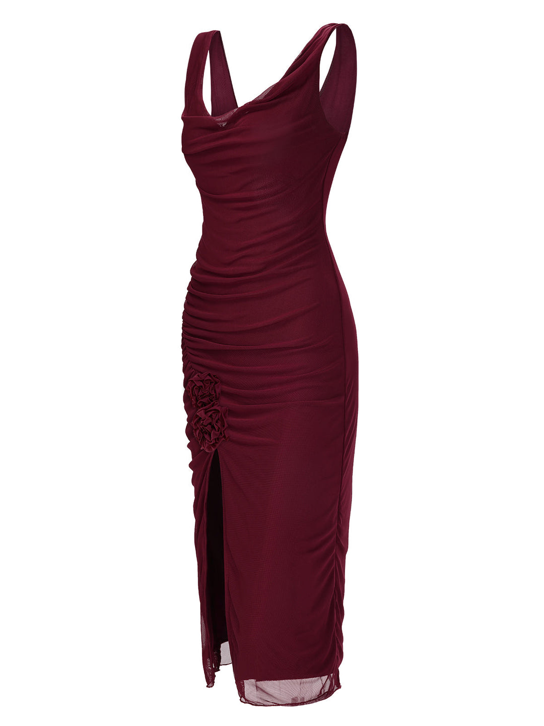 This Wine Red 1960s Scarf Slit Backless Dress wraps her in 1960s elegance, one twirl at a time