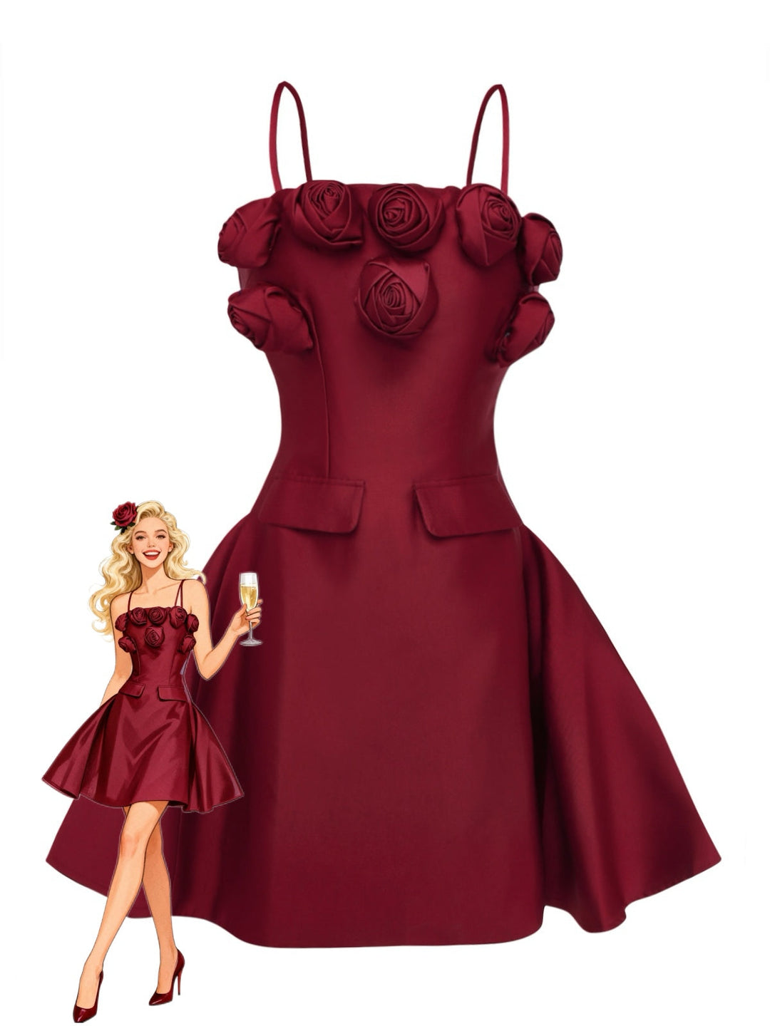 Wine Red 1960s Solid 3D Floral Short Dress - vintage dress, retro fashion, elegant red