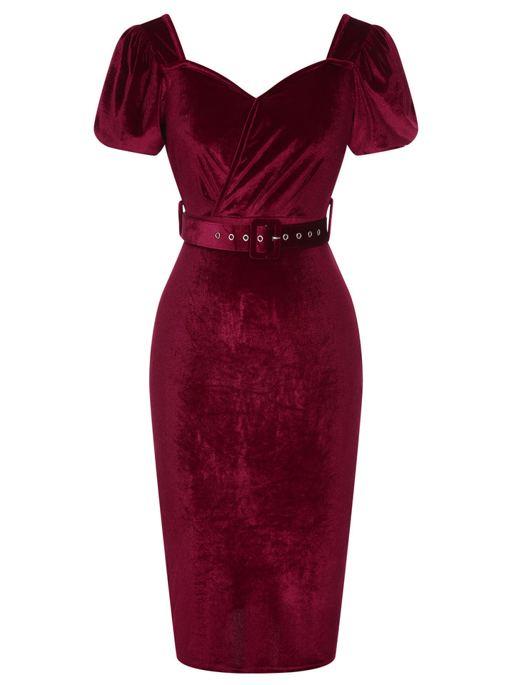 She slips into this Wine Red 1960s Solid Belt Lantern Dress and suddenly it&