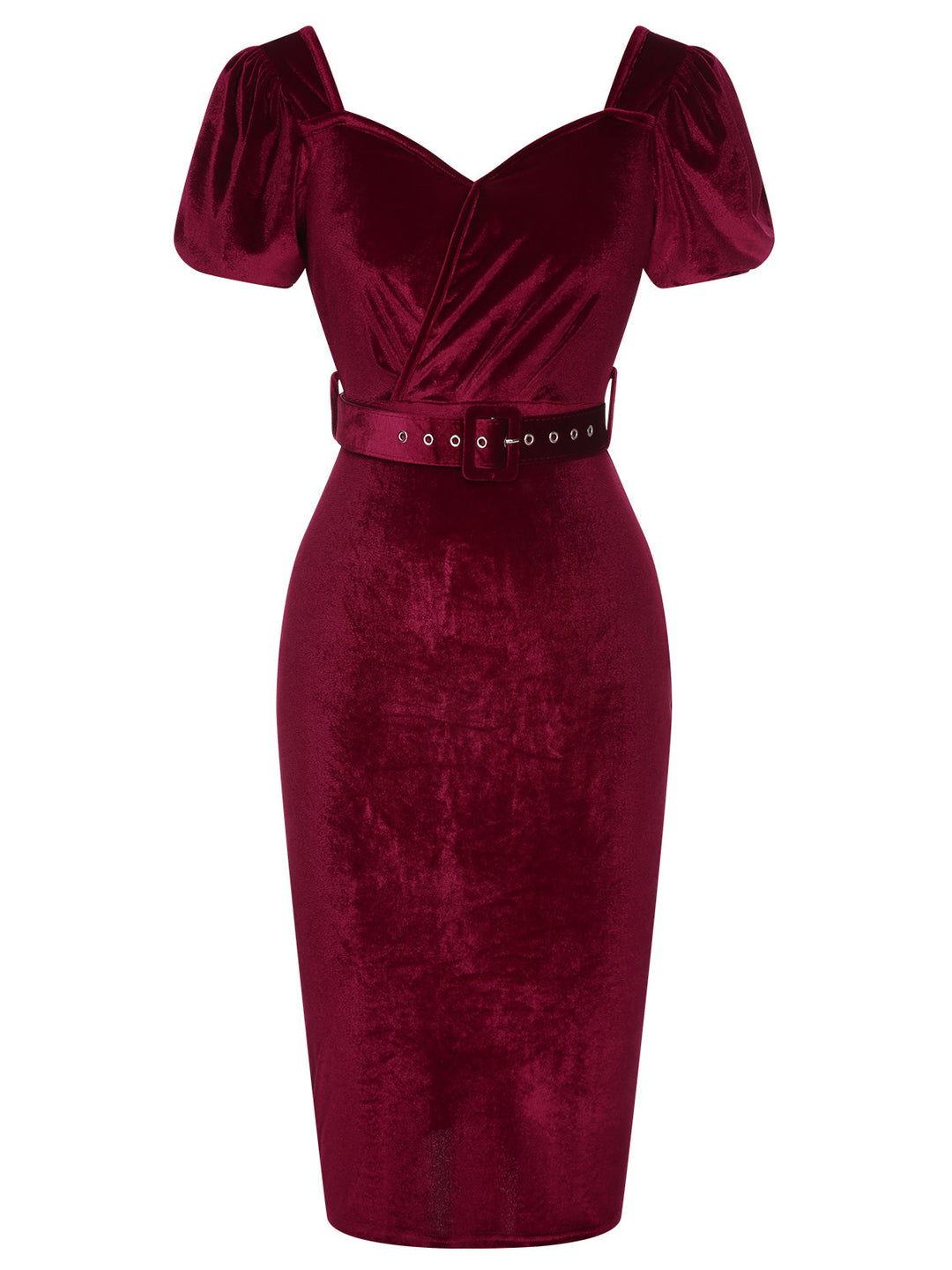 She slips into this Wine Red 1960s Solid Belt Lantern Dress and suddenly it&