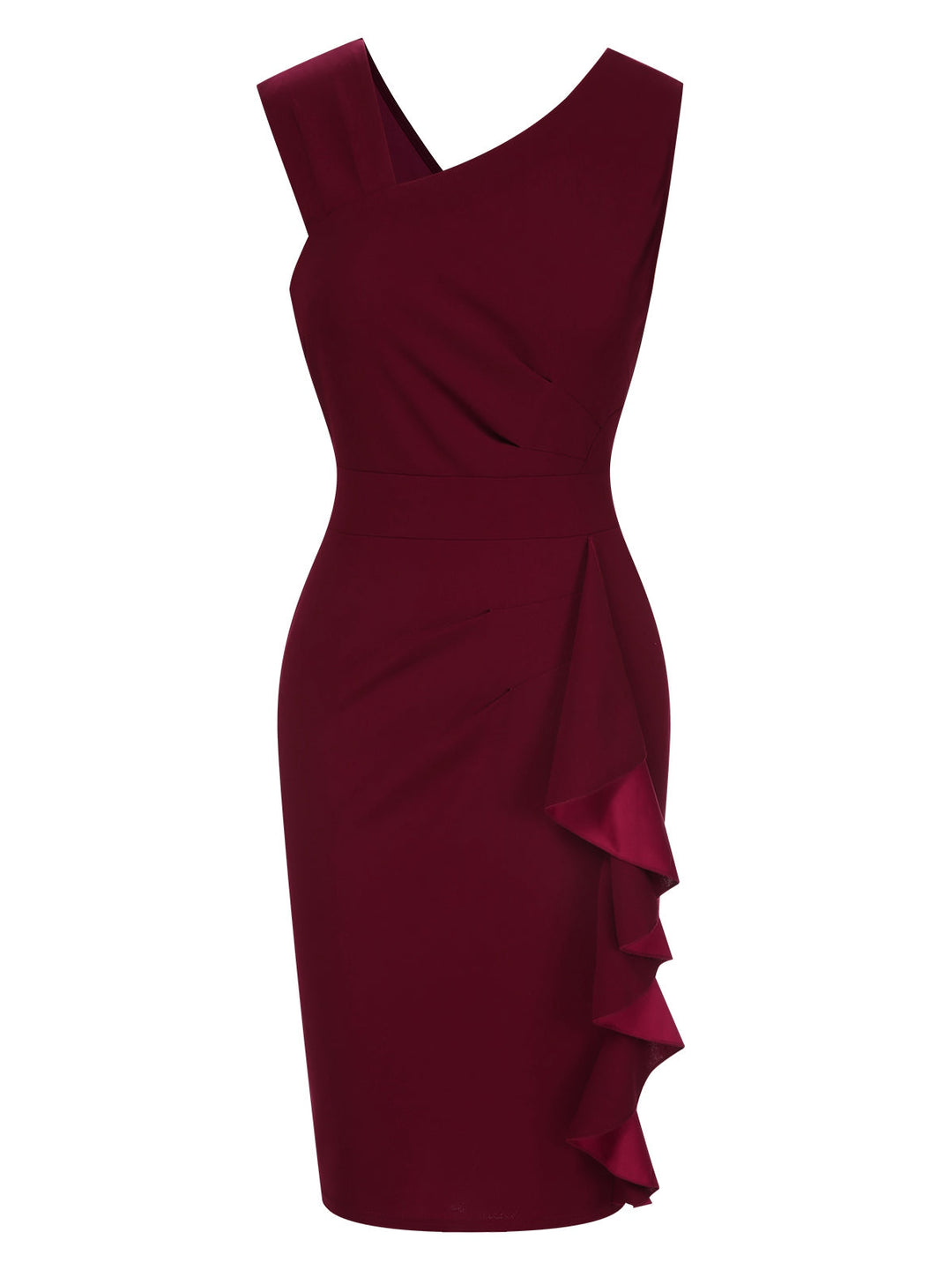 She slips into this Wine Red 1960s Solid Ruffle Trim Pencil Dress and suddenly it&