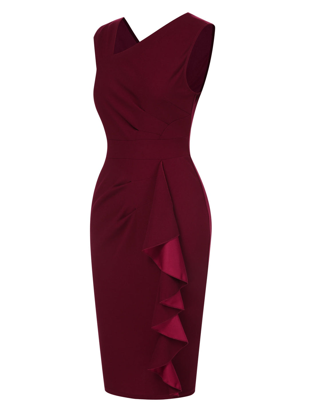 Wine Red 1960s Solid Ruffle Trim Pencil Dress, vintage dress, retro fashion - perfect for women who love vintage and retro fashion