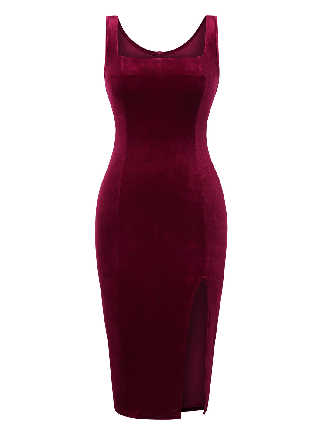 Wine Red 1960s Solid U-Neck Velvet Slit Dress, vintage dress, retro fashion - perfect for women who love vintage and retro fashion