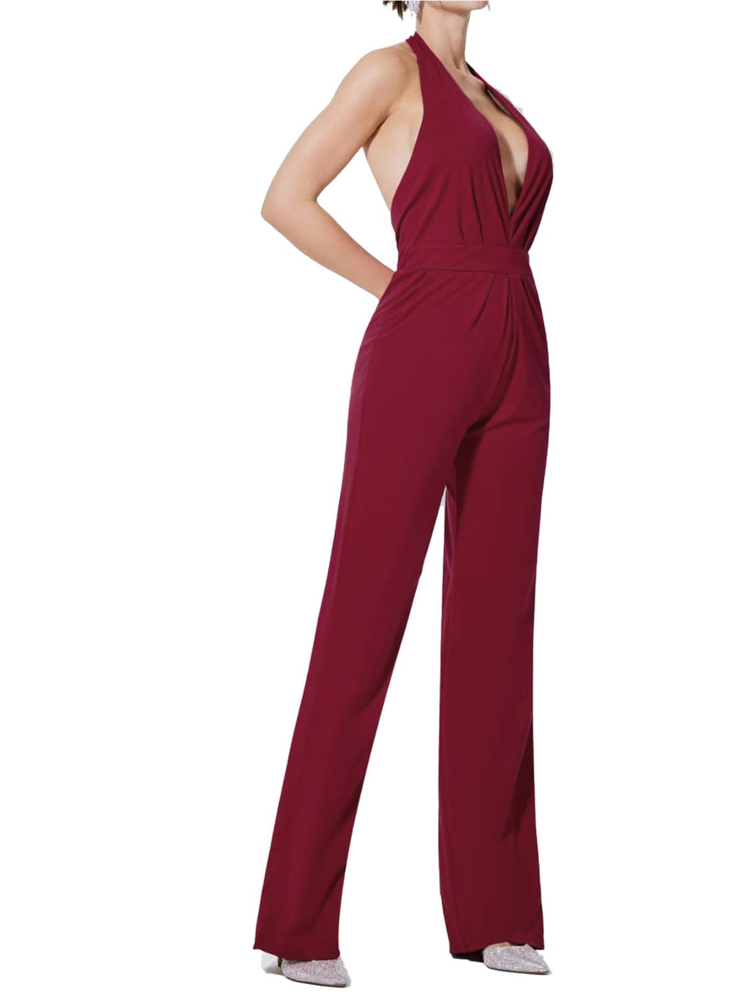 Wine Red 1970s Halter Deep V-Neck Pockets Jumpsuit - vintage jumpsuit, retro fashion, elegant red