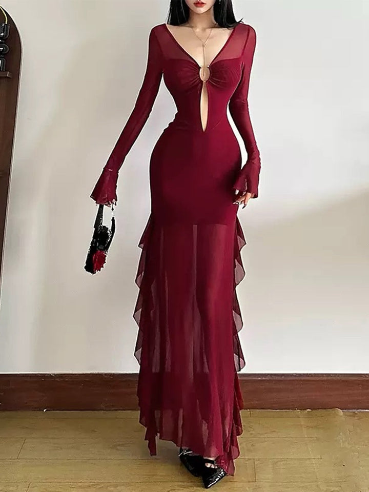 Wine Red 1970s Sheer Mesh Ruffle Maxi Dress - vintage dress, retro fashion, elegant red