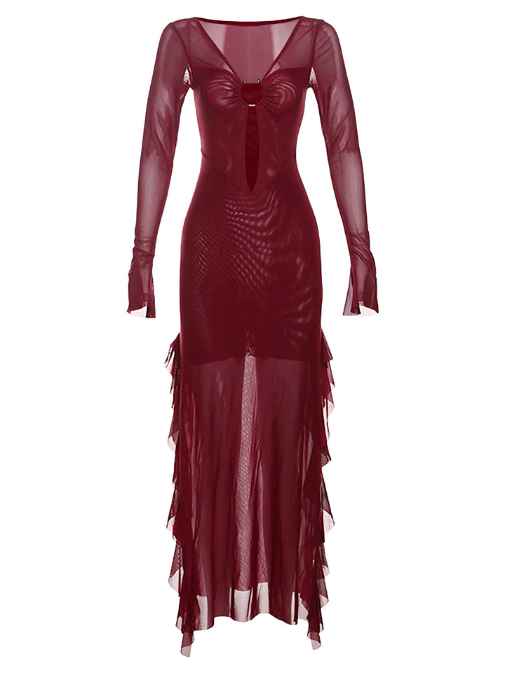 Wine Red 1970s Sheer Mesh Ruffle Maxi Dress - vintage dress, retro fashion, elegant red