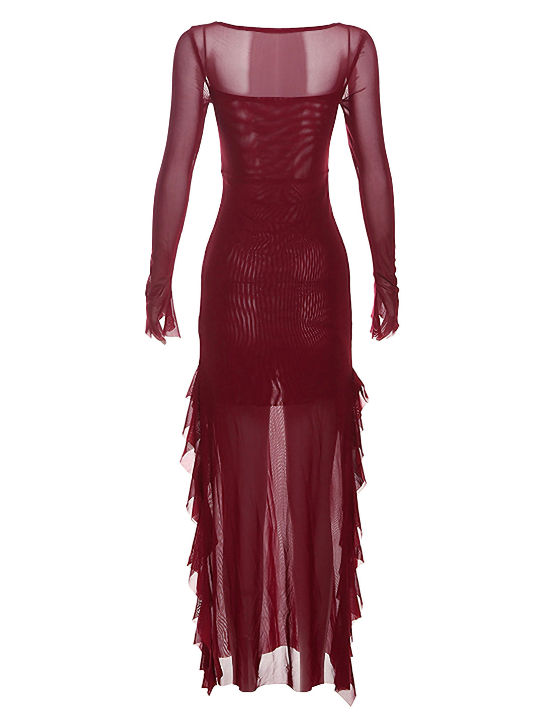 Wine Red 1970s Sheer Mesh Ruffle Maxi Dress - vintage dress, retro fashion, elegant red