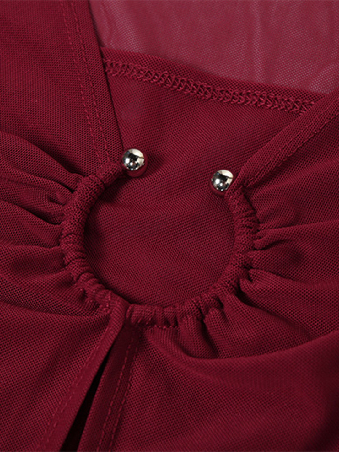 Wine Red 1970s Sheer Mesh Ruffle Maxi Dress - vintage dress, retro fashion, elegant red