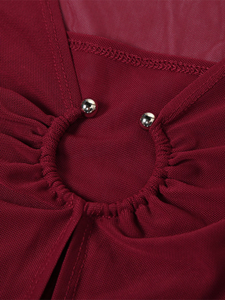 Wine Red 1970s Sheer Mesh Ruffle Maxi Dress - vintage dress, retro fashion, elegant red