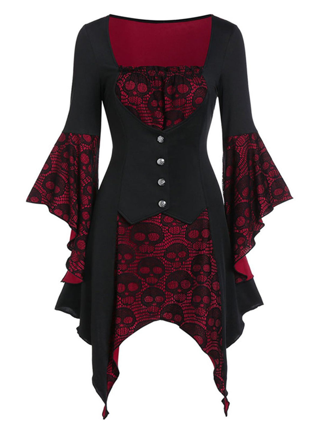 She slips into this Wine Red&amp;Black 1940s Skull Lace Button Dress and suddenly it&