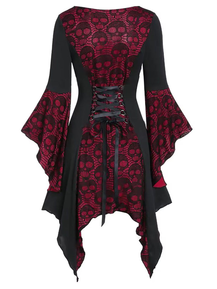 Wine Red&amp;Black 1940s Skull Lace Button Dress, vintage dress, retro fashion, lace detail - perfect for women who love vintage and retro fashion