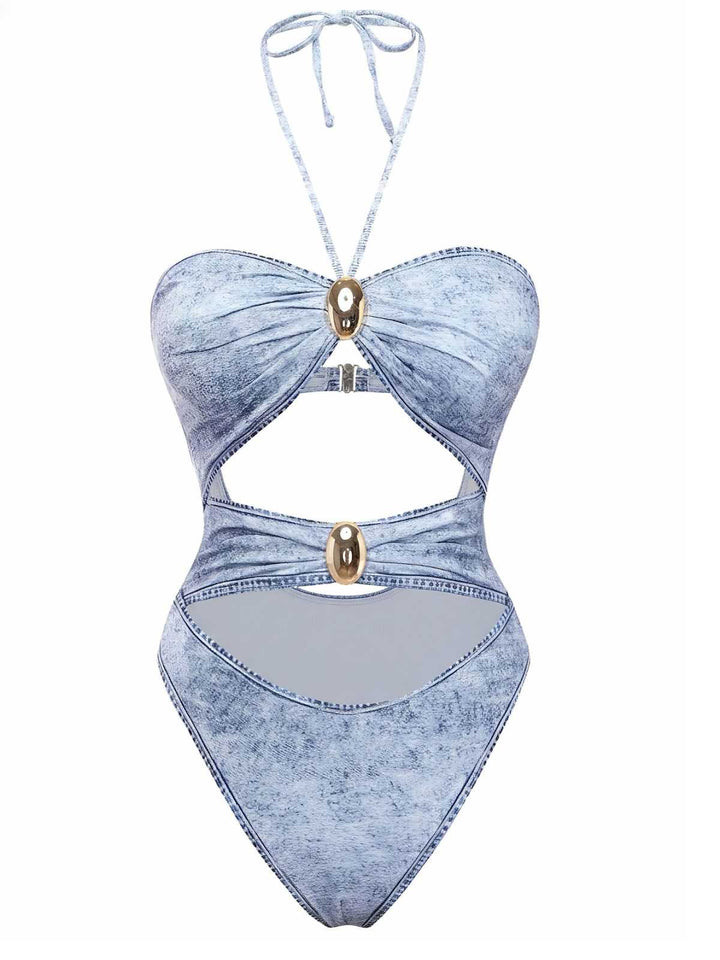 Y2K Denim Print Halter Cut-Out One-Piece Swimsuit - vintage swimsuit, pin-up style