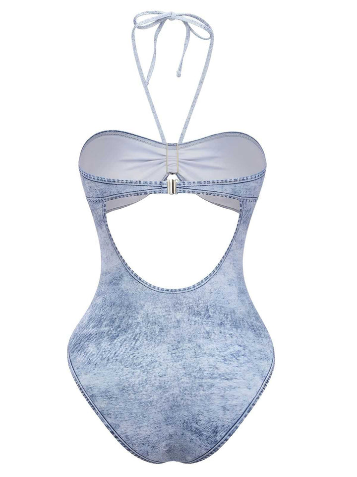 Y2K Denim Print Halter Cut-Out One-Piece Swimsuit - vintage swimsuit, pin-up style