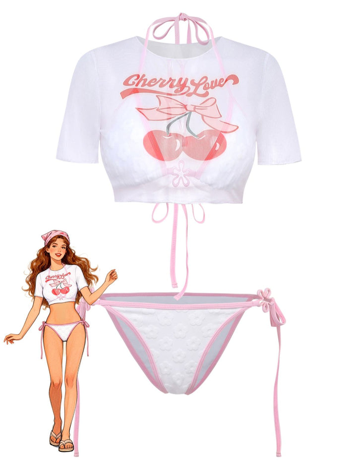 Y2K Halter Textured Floral Bikini Set &amp; Cherry Love Crop Cover-up - vintage fashion, retro style, elegant red