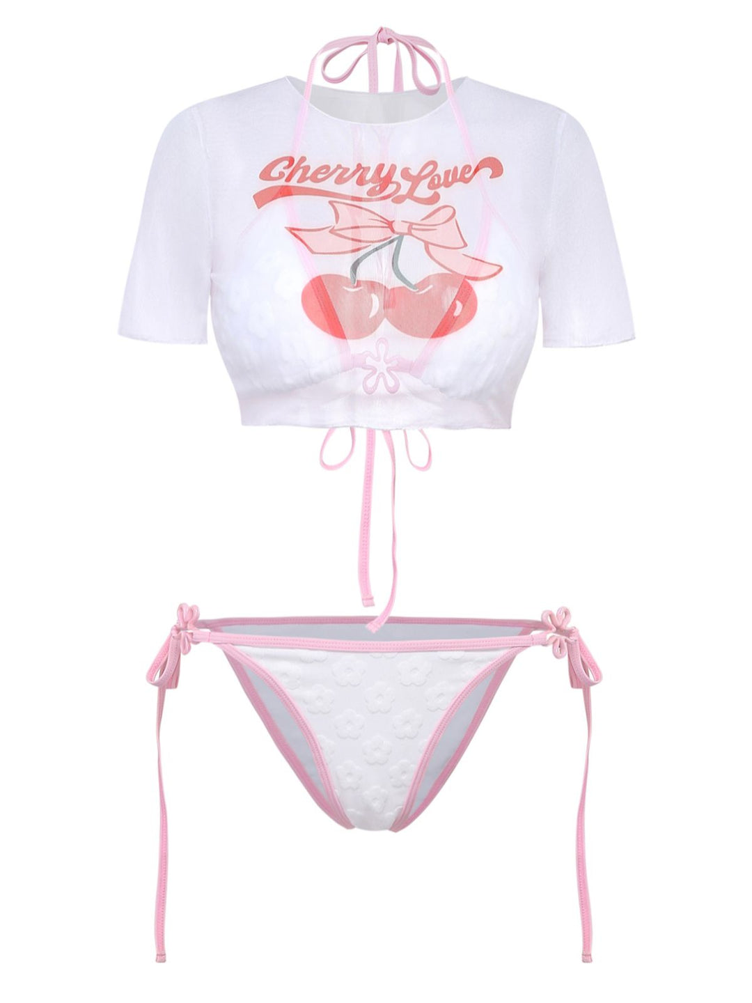 Y2K Halter Textured Floral Bikini Set &amp; Cherry Love Crop Cover-up - vintage fashion, retro style, elegant red