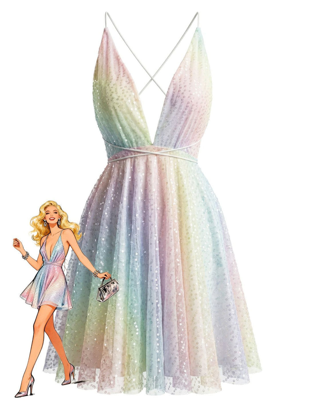 Y2K Rainbow Sequins Deep V-Neck Backless Dress - vintage dress, fashion