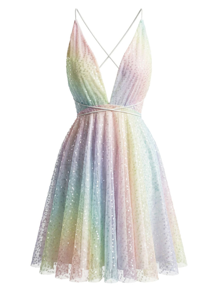 Y2K Rainbow Sequins Deep V-Neck Backless Dress - vintage dress, fashion