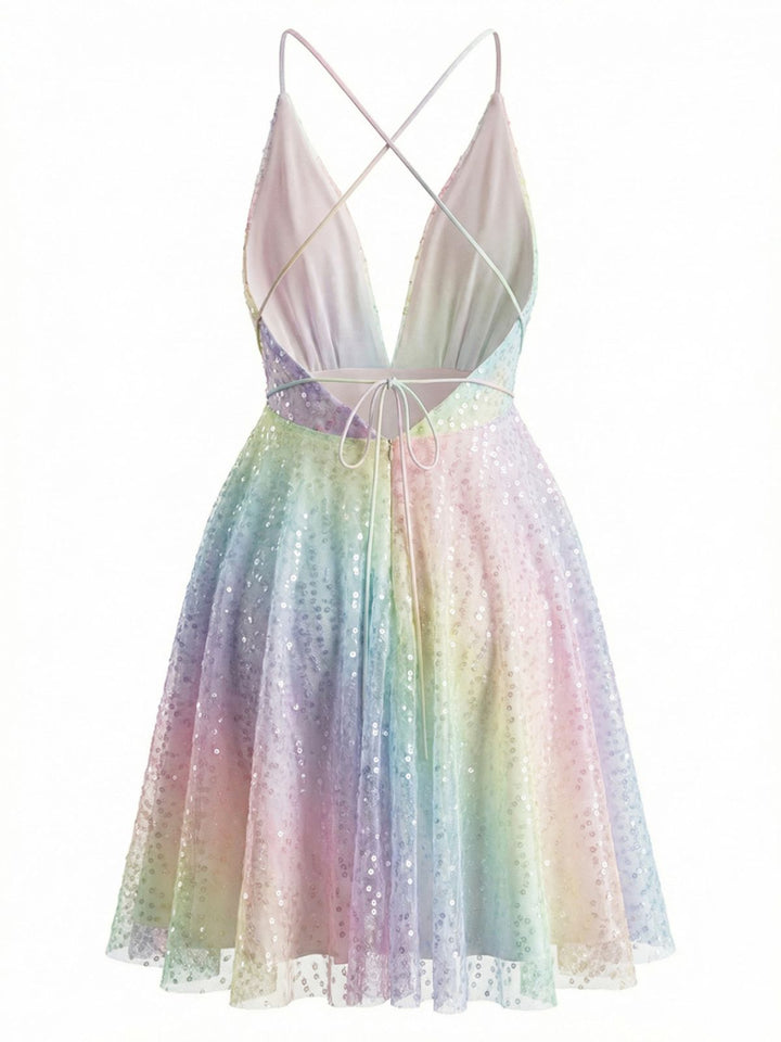 Y2K Rainbow Sequins Deep V-Neck Backless Dress - vintage dress, fashion