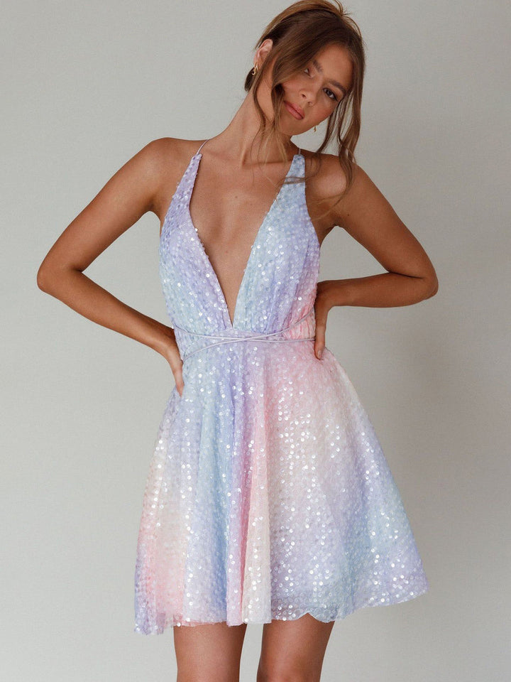 Y2K Rainbow Sequins Deep V-Neck Backless Dress - vintage dress, fashion