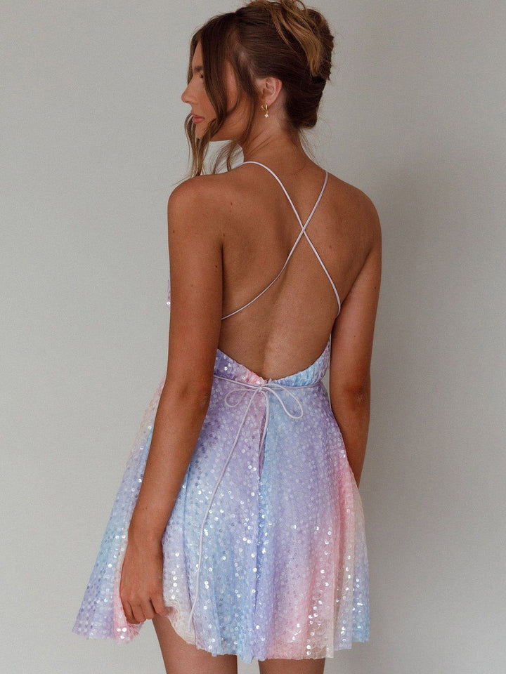 Y2K Rainbow Sequins Deep V-Neck Backless Dress - vintage dress, fashion