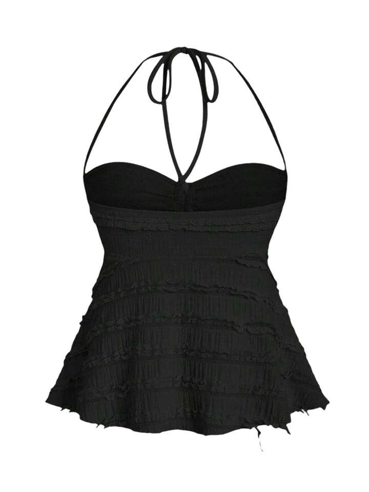Y2K Solid Textured Halter Ruched Babydoll Top | vintage blouse, retro top, classic style - perfect for retro fashion enthusiasts